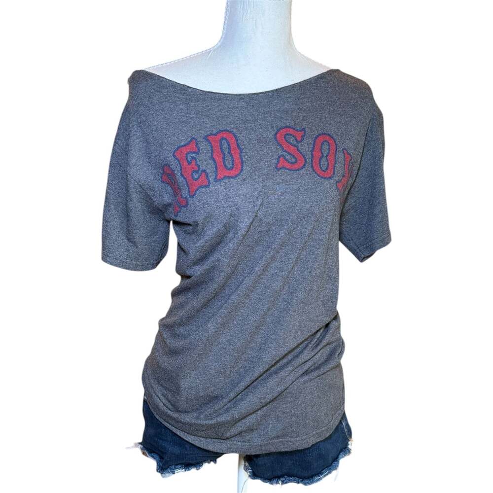 Red Sox Off Shoulder T Shirt Womens Gray Wide Neck Slouchy‎ Casual Baseball Tee